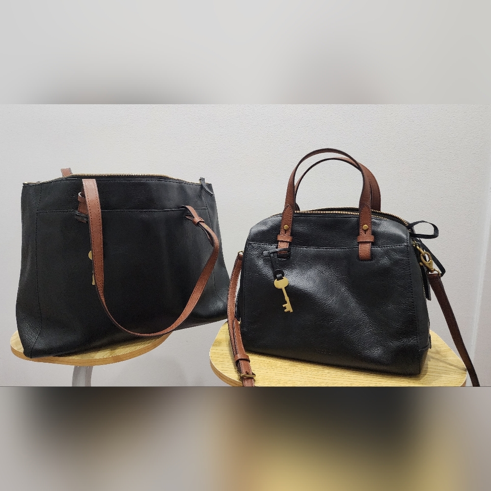 FOSSIL Black Leather Tote And Satchel with Brown Straps